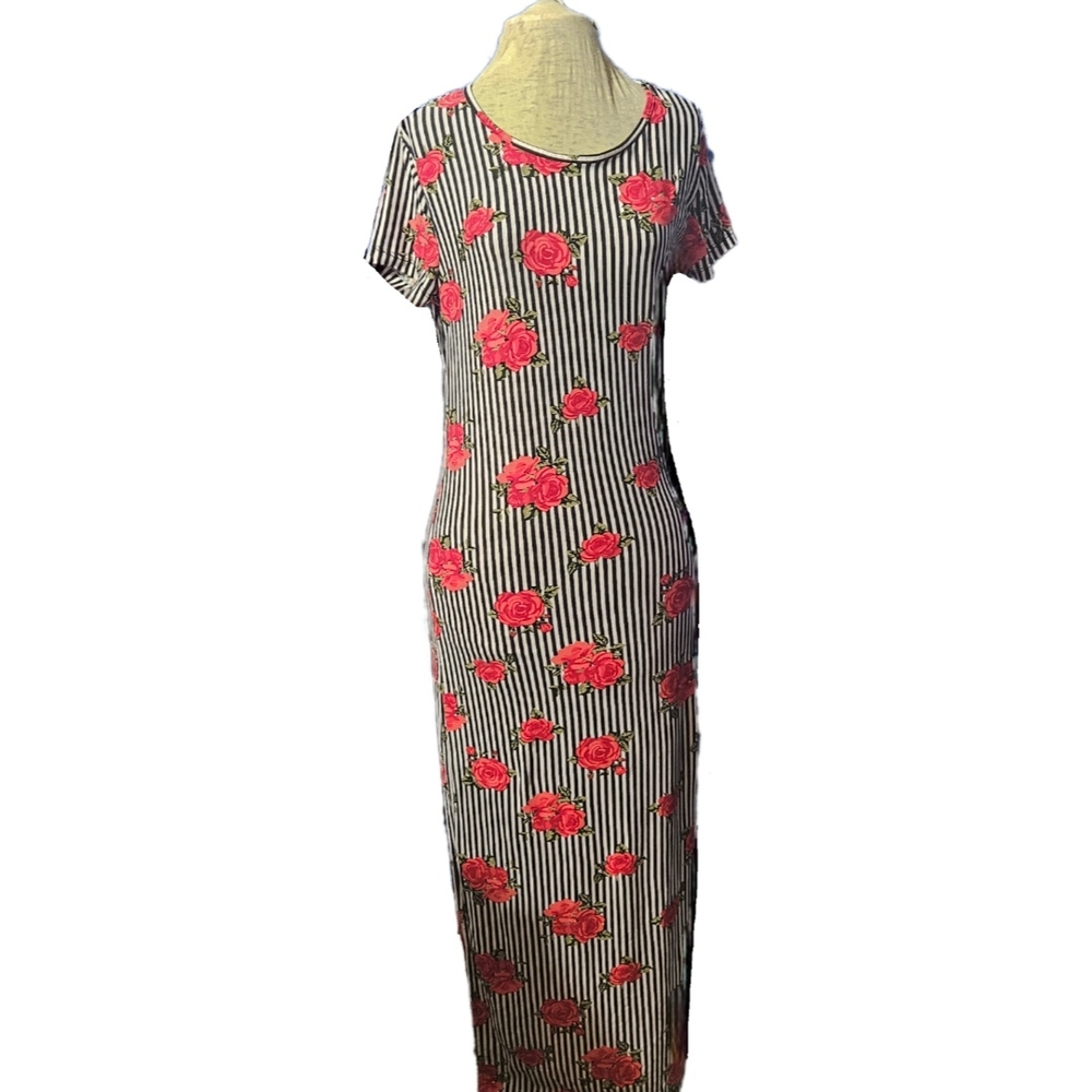 Bobbie Brooks Red Black Sheath Maxi Dress Casual Crew Neck